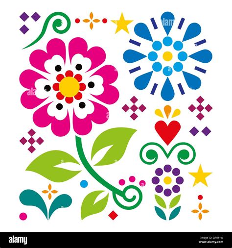 Mexican Traditional Folk Art Vector Geometric Pattern With Flowers And Leaves Inspired By