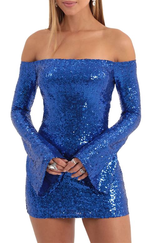 Della Sequin Long Sleeve Bodycon Dress In Blue Lucy In The Sky