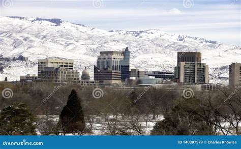 Snow Covered Foothills Behind the Skyline of Boise Idaho Winter Stock ...