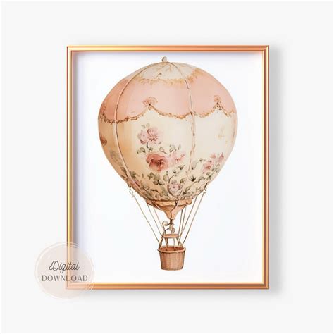 Pink Hot Air Balloon Nursery Art Print Vintage Nursery Wall Art Vintage Whimsical Floral