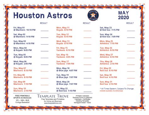 Printable 2020 Houston Astros Schedule