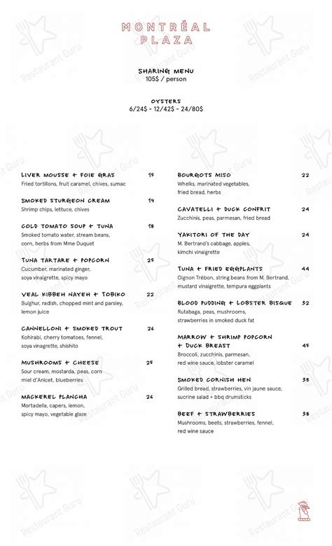 Menu au Montréal Plaza restaurant, Montréal, Rue St-Hubert