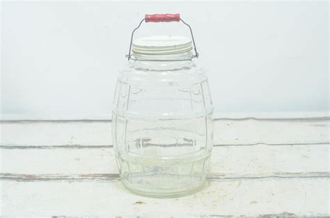 Vintage Duraglas 13h Heavy Glass Barrel Pickle Jar With Lid And Red Wooden Handle Bale Etsy