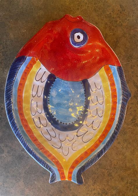 Decorative Hand Painted Ceramic Fish Platter By DeSimone For Sale At