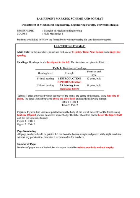 Lab Report Marking Scheme Fluid Mechanics LAB REPORT MARKING SCHEME