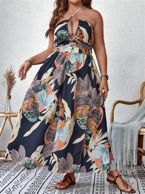 Shein Vcay Robe Ras Du Cou Imprim Tropical Crois Dos Nu N Ud Ourlet