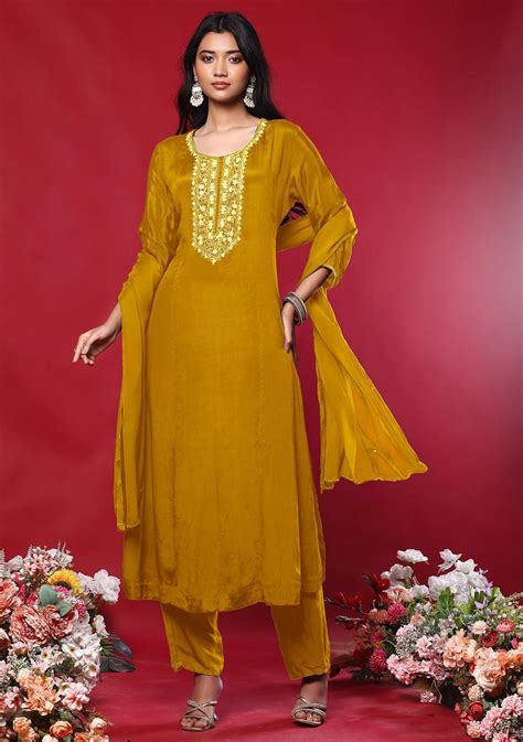 Buy Women Mustard Floral Sequin Hand Embroidered Kurta Set With Pants