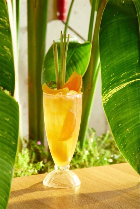 A Glass Filled With Orange Juice And Garnish On Top Of A Wooden Table