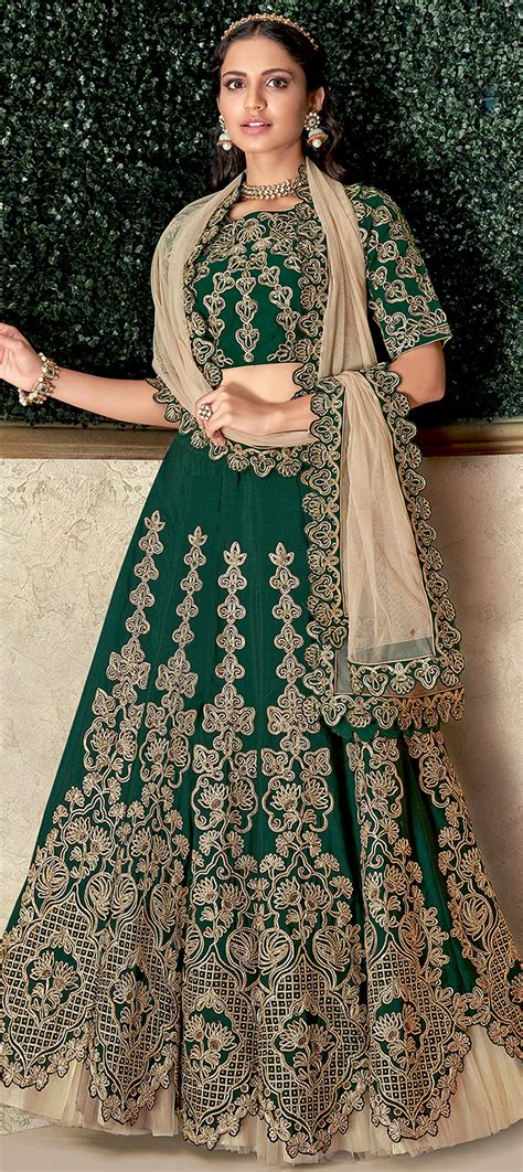 Engagement Mehendi Sangeet Wedding Green Color Satin Silk Fabric