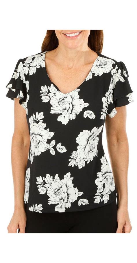 Womens Floral Flutter Sleeve Top Black Bealls