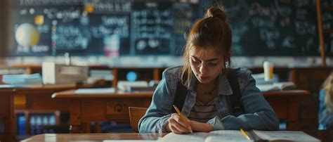 A Girl Doing Math On Classroom Sitting On His Desk With Blur Blackboard In The Background