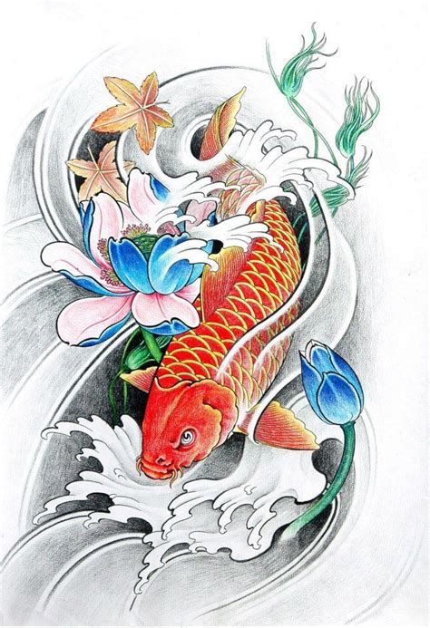 A Drawing Of A Koi Fish With Flowers On It