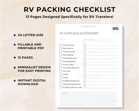 Rv Packing Checklist Get Ready For Your Next Adventure Fillable Pdf Easy To Use Instant Download