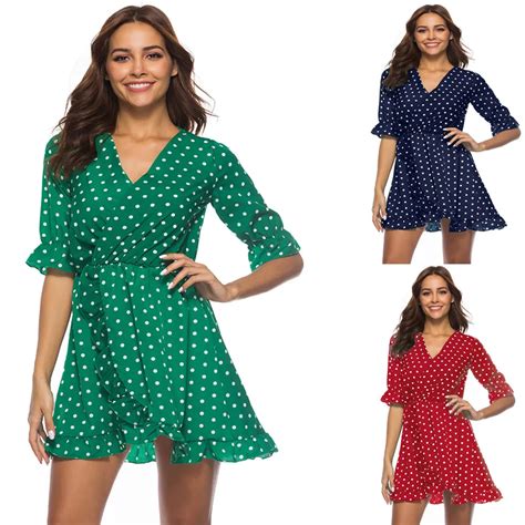 Women Ruffle Polka Dots Print Dresses Sexy V Neck Half Flare Sleeve Short Dress Womdy0016 In