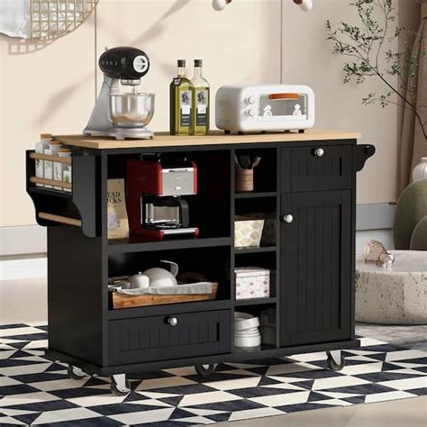 Tunuo Black Rolling Kitchen Island Cart With Rubber Wood Top And