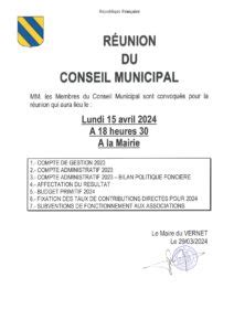 Conseil Municipal Lundi 15 Avril 2024 à 18h30 Mairie Le Vernet en