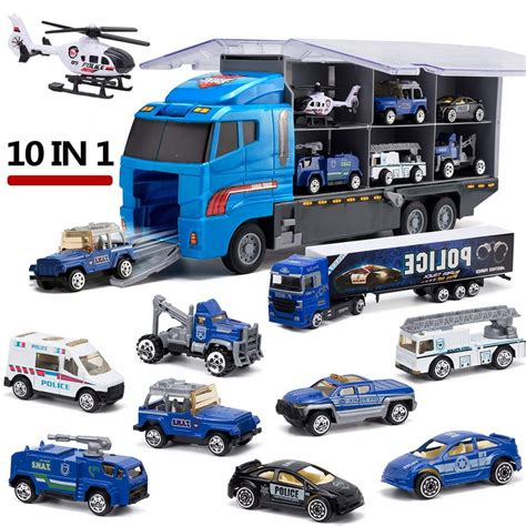 10 in 1 Police Transport Truck Mini Die-Cast Plastic Play Vehicle ...