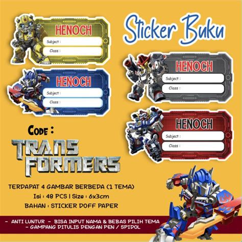 Jual Sticker Stiker Buku Custom Nama Karakter Tema Transformers