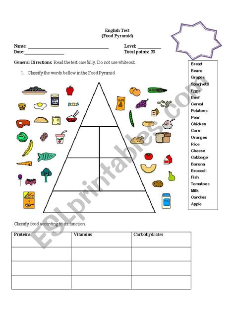 Food Pyramid Test ESL Worksheet By Mily0815