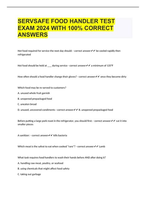 SERVSAFE FOOD HANDLER TEST EXAM 2024 WITH 100 CORRECT ANSWERS