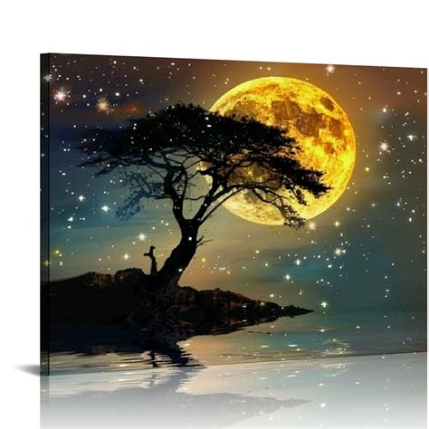 Nawypu Moon Ocean Canvas Wall Art Abstract Night Scene Coastal Artwork