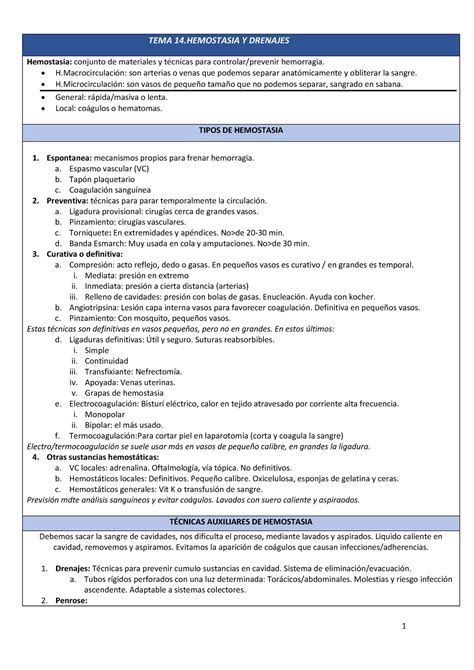 Resumen 14 Cirugia Segundo Bloque 1 TEMA 14 Y DRENAJES Hemostasia