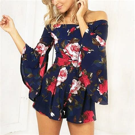 Elegant Women Boho Beachwear Floral Print Rompers Chiffon Flare Sleeve