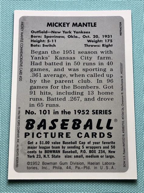 Mickey Mantle Topps Finest Bowman Refractor Rookie Rc Yankees