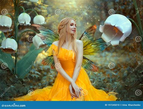 Portrait Of Happy Fantasy Woman Blonde Forest Fairy Fashion Model In A