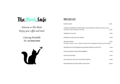 Menu at The Husk Cafe, Miranda