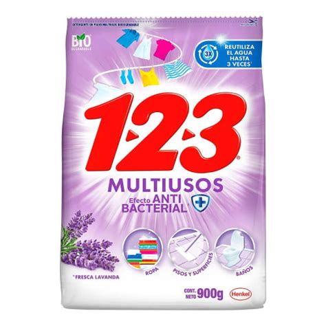 Detergente En Polvo 1 2 3 Multiusos Efecto Antibacterial Lavanda 900 G