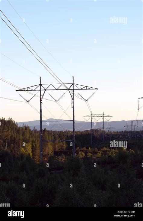 Steel Lattice Electricity Pylons Or Transmission Towers In Norway Stock