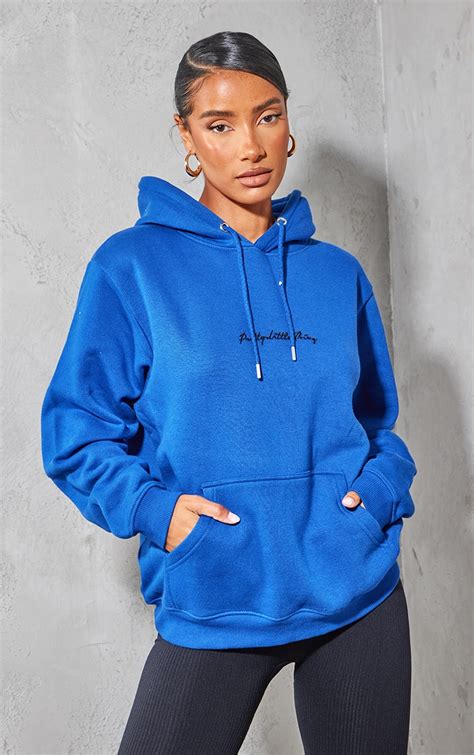 Plt Hoodie Oversize Bleu Cobalt À Broderie Prettylittlething Fr