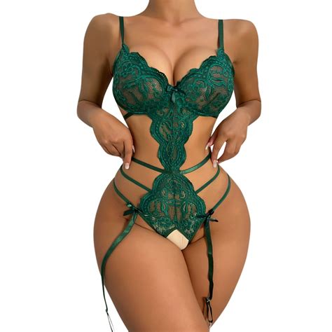 Bjutir Women Snap Crotch Lingerie Lace Bodysuit Deep V Teddy Lace Push