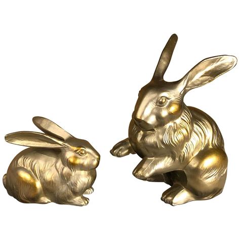 Japan Fine Pair Big Hand Cast Silver Gold Playful Rabbits Schneible