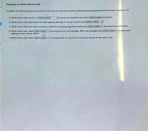 function of white blood cells complete the following statements about ...