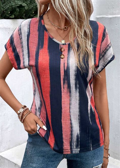 ROTITA Lightweight Striped Multi Color V Neck T Shirt Rotita