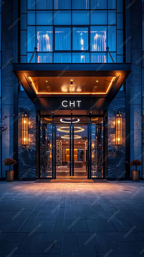 outdoor front view  luxury hotel building entrance  night