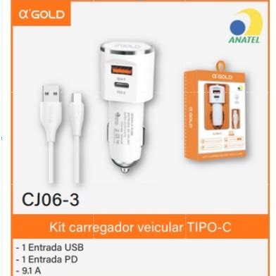 KIT Carregador Veicular Turbo Usb Tipo C Pd 18W 9 1A Para Carros