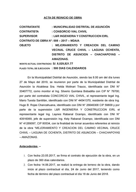 ACTA Reinicio HoladlsakmxdpsD ACTA DE REINICIO DE OBRA CONTRATANTE