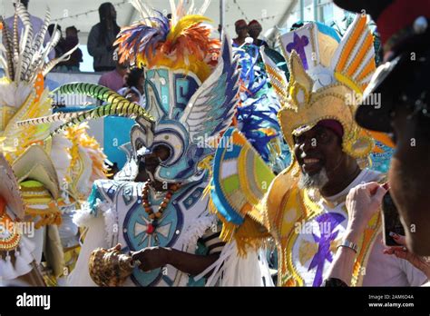 Men In Bright Colorful Costumes At The Junkanoo Street Festival