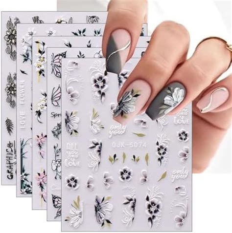 JMEOWIO 6 Sheets 3D Embossed Spring Flower Nail Art Stickers Decals