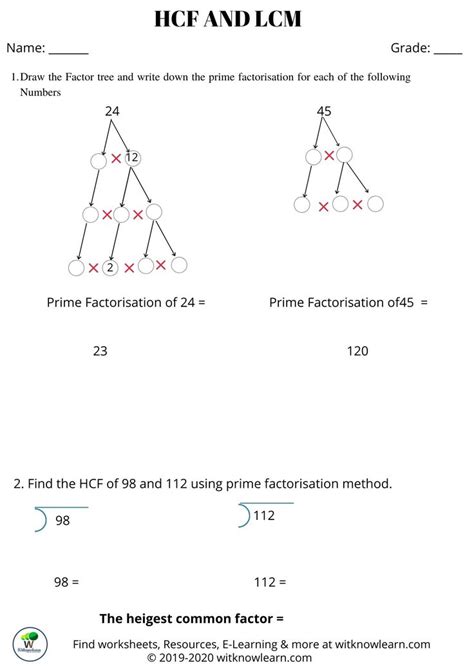 Hcf Worksheet For Grade 5