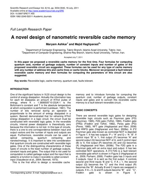 PDF A Novel Design Of Nanometric Reversible Cache Memory