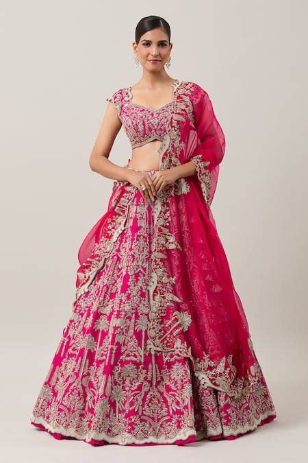 Buy Pink Raw Silk Embroidery Zardozi Gulzaar Sharjah Bridal Lehenga Set