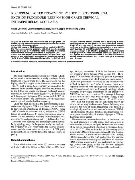 Pdf Recurrence After Treatment By Loop Electrosurgical Excision Procedure Leep Of High Grade