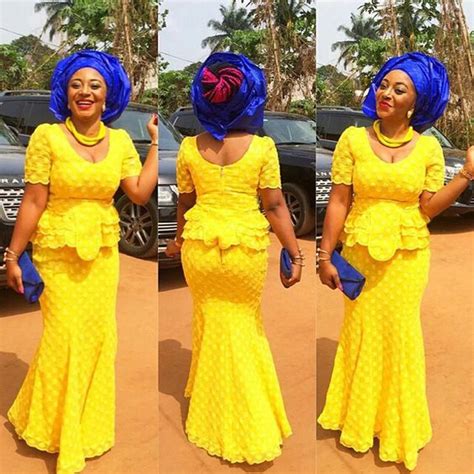 Stunning Nigeria Yellow Mermaid Evening Dress 2017 Aso Ebi Style Short Sleeve Peplum Lace Prom