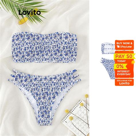 Lovito Casual Ditsy Floral Smocked Flowers No Steel Ring Bikini Sets