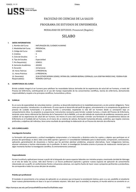 Sílabo 2023 II SILABO FACULTAD DE CIENCIAS DE LA SALUD PROGRAMA DE