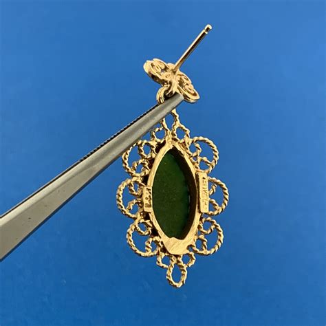 Vintage K Yellow Gold Marquis Jade Cabochon Filigre Gem